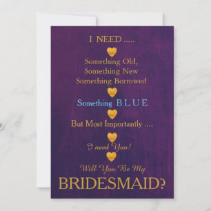 Purple & Gold with Heart Will You Be my Bridesmaid Invitation