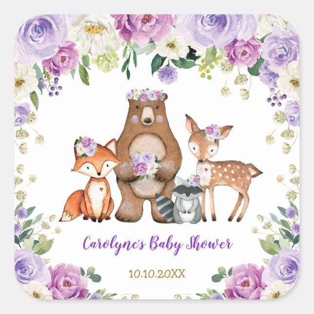 Purple Gold Woodland Baby Shower Forest Animals Square Sticker (Front)