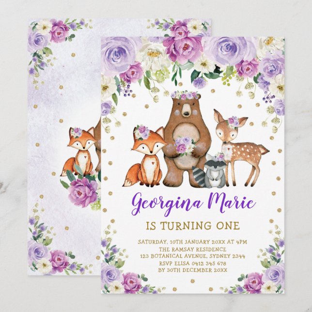 Purple Gold Woodland Forest Girly Floral Birthday Invitation (Front/Back)