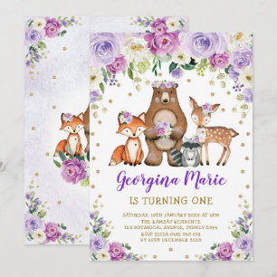 Purple Gold Woodland Forest Girly Floral Birthday Invitation