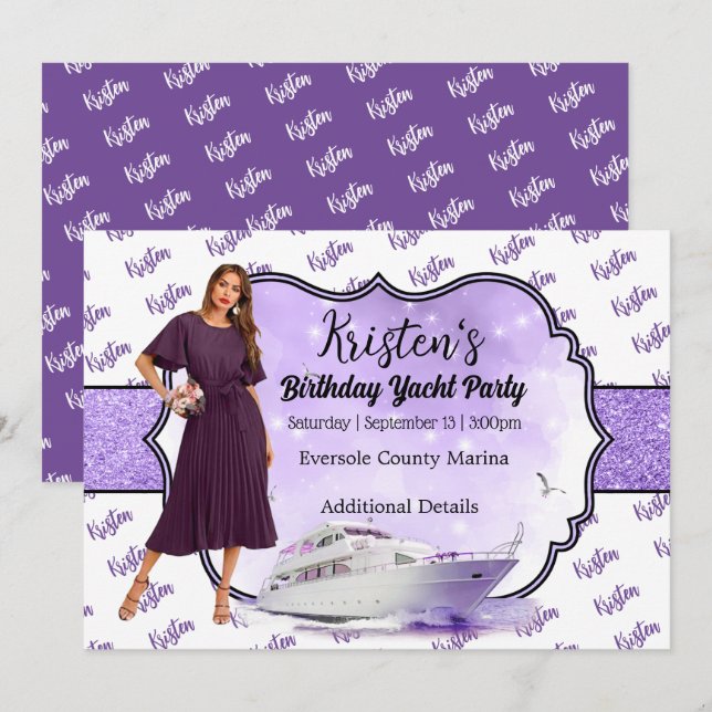 Purple Gold Yacht Party Birthday Invitation  (Front/Back)