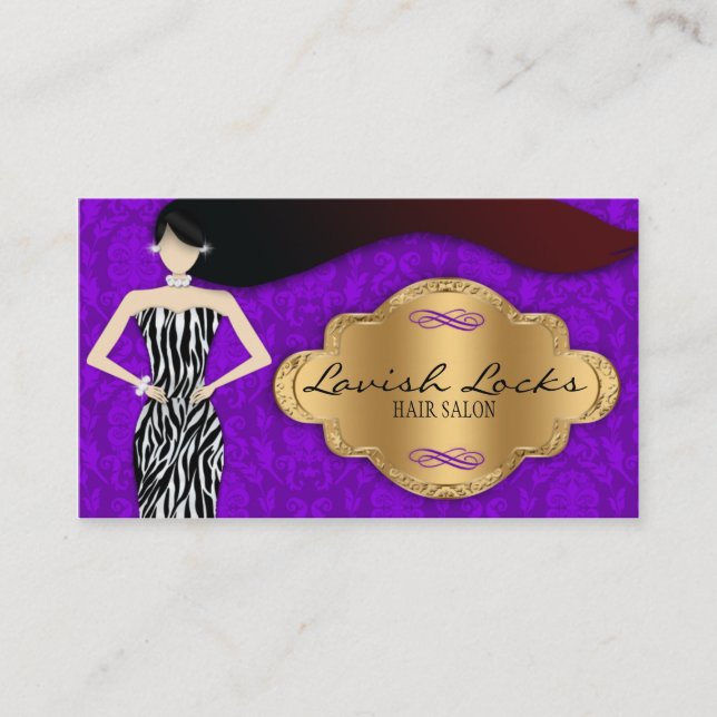 Purple Gold Zebra Damask Hair Stylist Salon Business Card (Front)