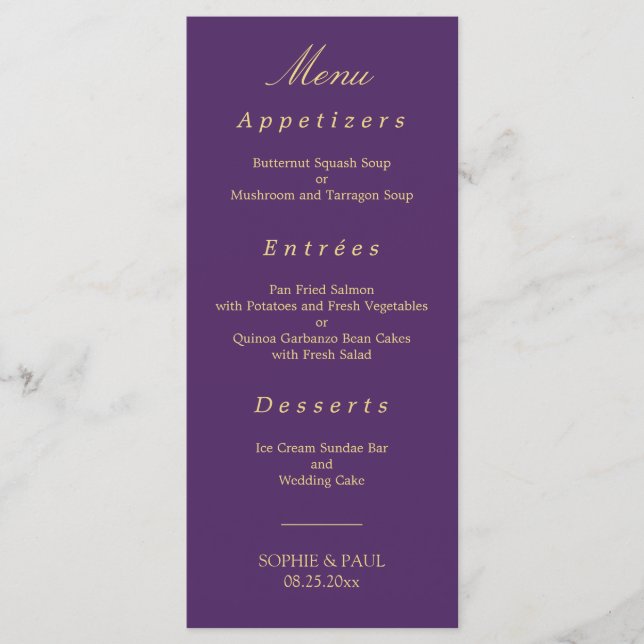 Purple Golden Beige Elegant Wedding Menu (Front)