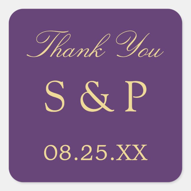 Purple Golden Beige Wedding Favour Thank You Square Sticker (Front)