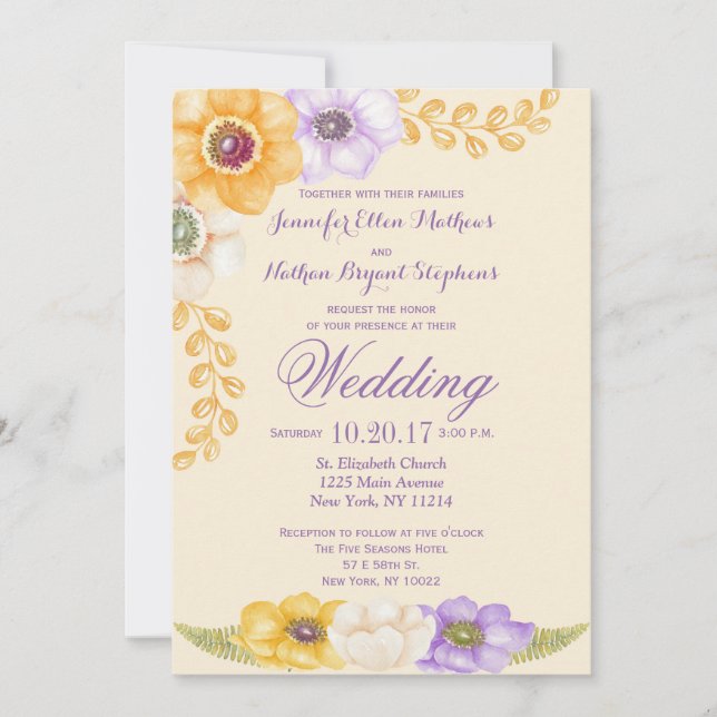 Purple Golden Floral Watercolor Wedding Invitation (Front)