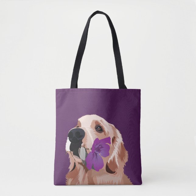 Purple Golden Retriever with a Flower Tote Bag (Front)