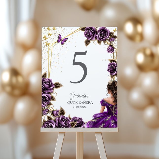 Purple Golden Tiara Roses Butterfly Quinceañera  Table Number (Creator Uploaded)