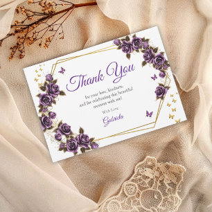 Purple Golden Tiara Roses Butterfly Quinceañera Thank You Card