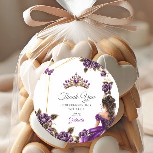 Purple Golden Tiara Roses Quinceañera Thank You Classic Round Sticker
