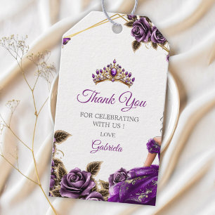 Purple Golden Tiara Roses Quinceañera Thank You Gift Tags