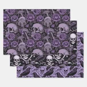 Purple Goth Prints, Raven Skull Mushrooms Wrapping Paper Sheet