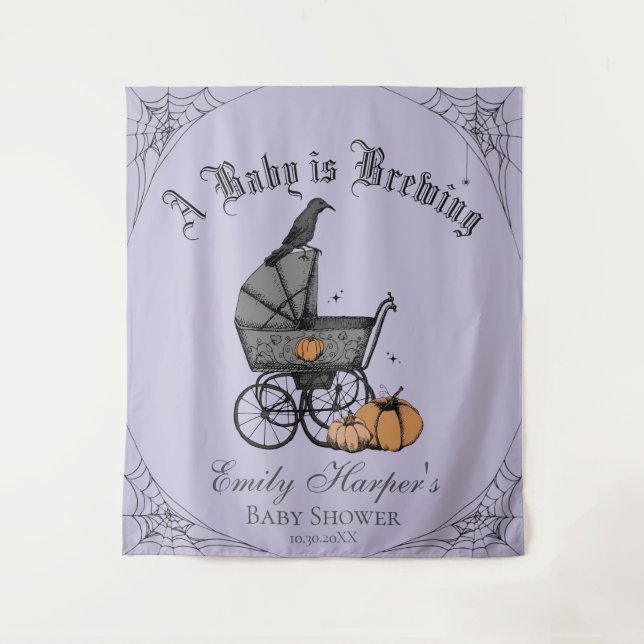 Purple Gothic Baby is Brewing Baby Shower Backdrop Tapestry (Front)