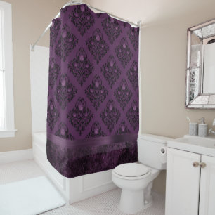 Purple Gothic Chic   Eggplant and Black Damask Shower Curtain