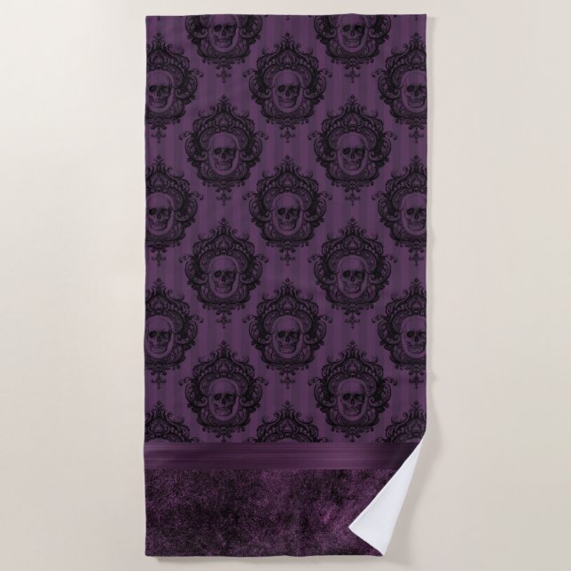 Purple Gothic Chic | Eggplant and Black Skulls Beach Towel (Front)