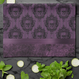 Purple Gothic Chic   Eggplant and Black Skulls Tea Towel