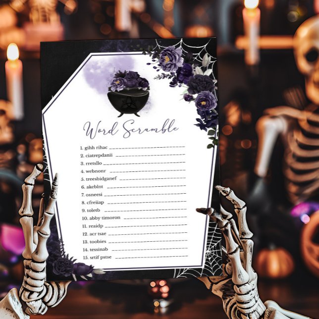 Purple Gothic Floral Word Scramble Game (Floral Gothic Baby Shower Invitation Word Scramble Game)