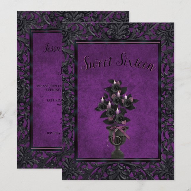 Purple Gothic Frame Black Rose & Candles Sweet 16 Invitation (Front/Back)