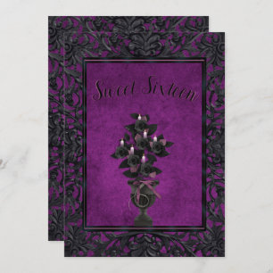Purple Gothic Frame Black Rose & Candles Sweet 16 Invitation