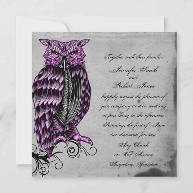 Purple Gothic Owl Posh Wedding Invitation (Front)