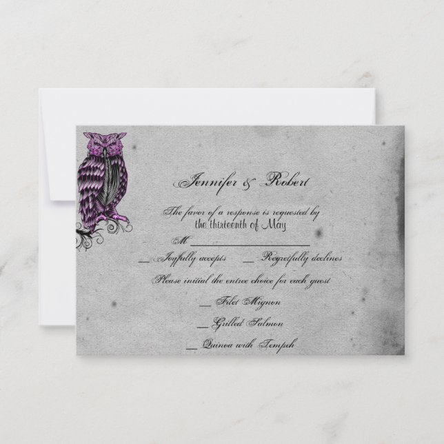 Purple Gothic Owl Posh Wedding Response Card (Front)