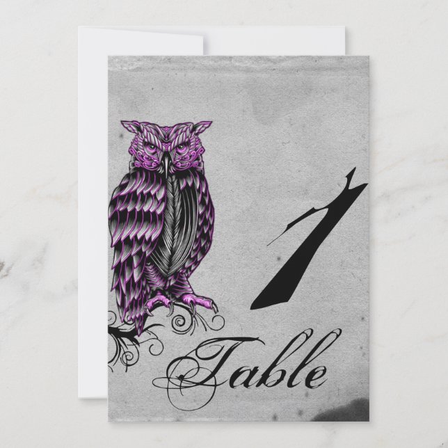 Purple Gothic Owl Posh Wedding Table Number (Front)