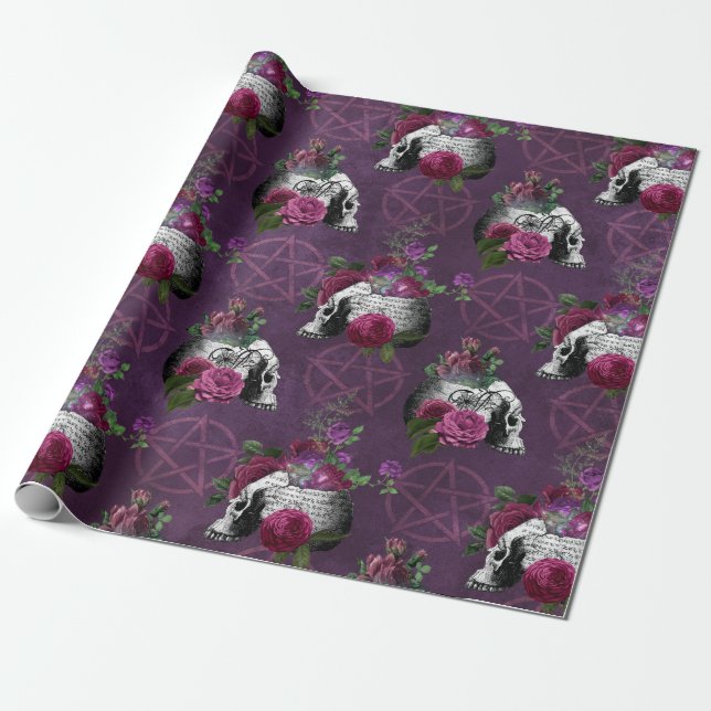 Purple Gothic Skull and Roses Wrapping Paper (Unrolled)