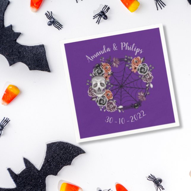 Purple Gothic Skull Roses Wreath Halloween Wedding Napkin (Creator Uploaded)