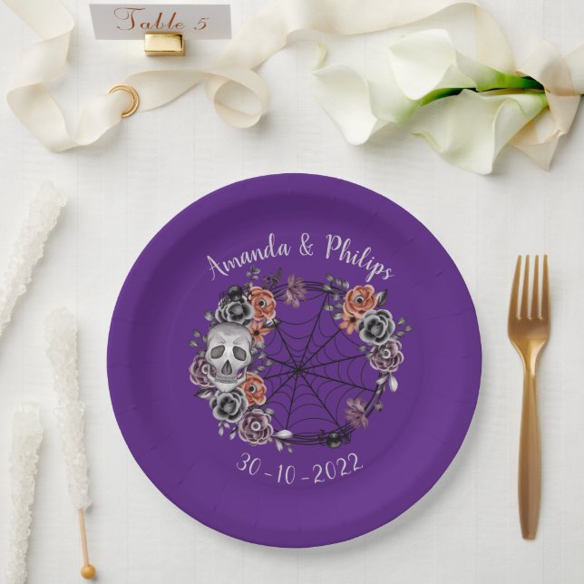 Purple Gothic Skull Roses Wreath Halloween Wedding Paper Plate (Wedding)