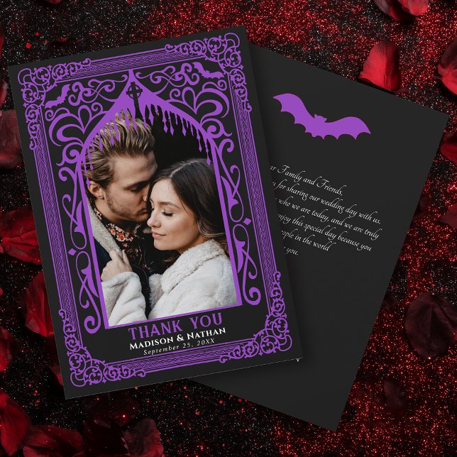 Purple Gothic Vampire Cathedral Photo Wedding Thank You Card (Creator Uploaded)