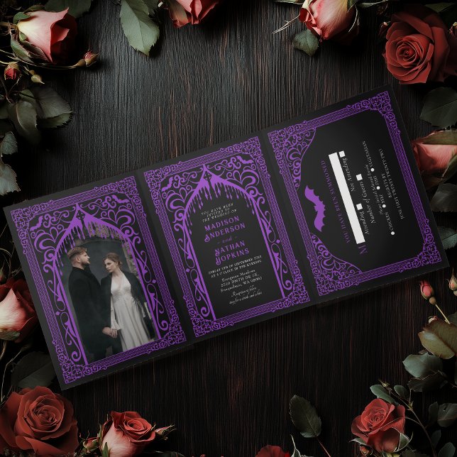 Purple Gothic Vampire Cathedral Wedding Invitation (Creator Uploaded)