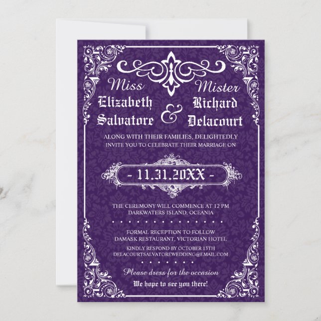 Purple Gothic Victorian Damask Wedding Invites (Front)