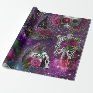 Purple Gothic Witch Skull and Roses Wrapping Paper