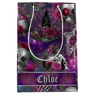 Purple Gothic Witch Skull Roses Monogram Medium Gift Bag