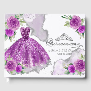 Purple Gown Floral Quinceanera Guest Book