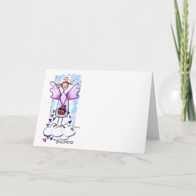 Purple gowned angel on a cloud with hearts note ca card (Front)