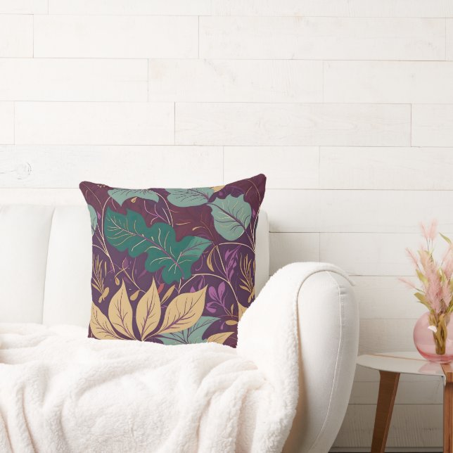 Purple Graceful Modern Leaf Print Cushion (Couch)