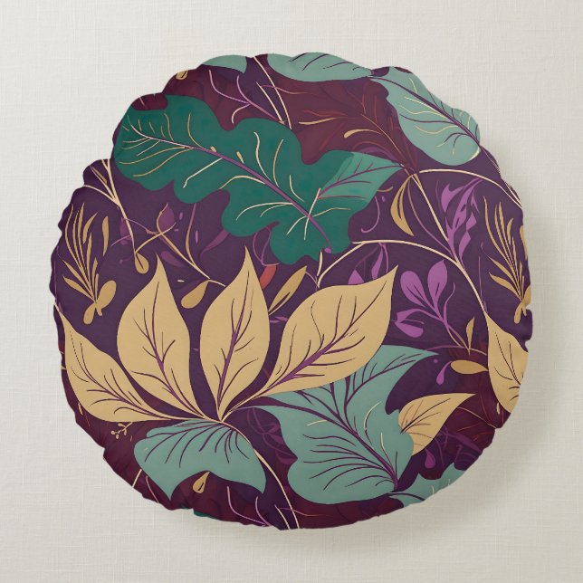 Purple Graceful Modern Leaf Print Round Cushion (Front)