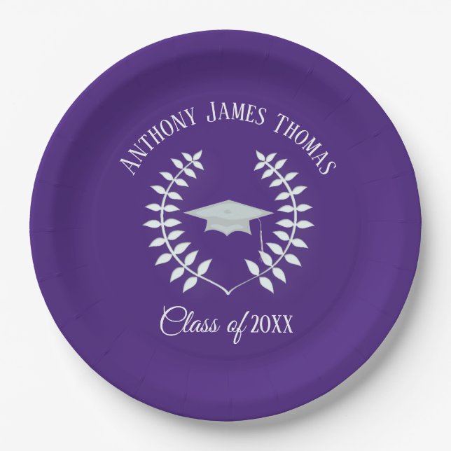 Purple Grad Cap and Leaves Paper Plates 9" (Front)