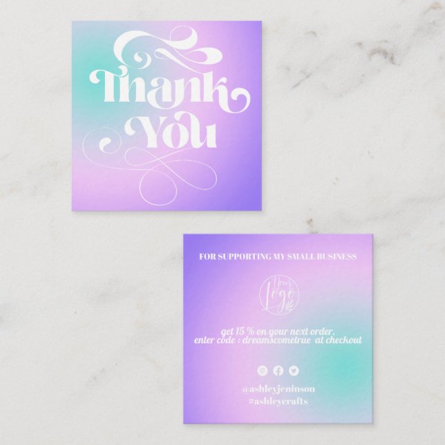 Purple gradient cool retro script order thank you square business card (Front/Back)