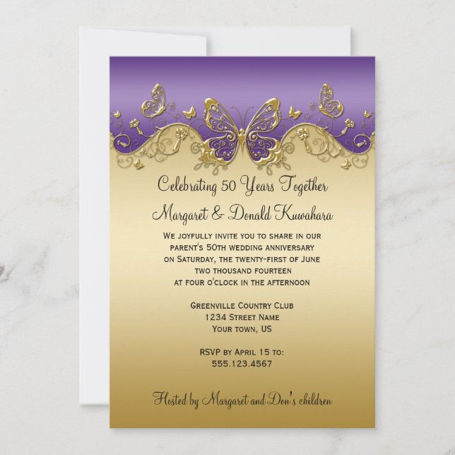 Purple Gradient Gold Butterflies 50th Anniversary Invitation (Front)