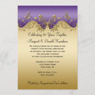 Purple Gradient Gold Butterflies 50th Anniversary Invitation