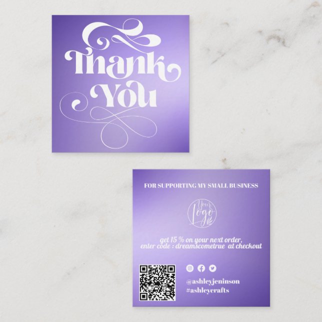 Purple gradient retro script order thank you square business card (Front/Back)
