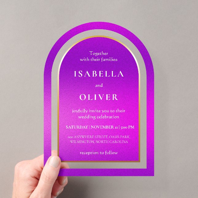 Purple gradient white text wedding acrylic invitations (Insitu (Handheld))
