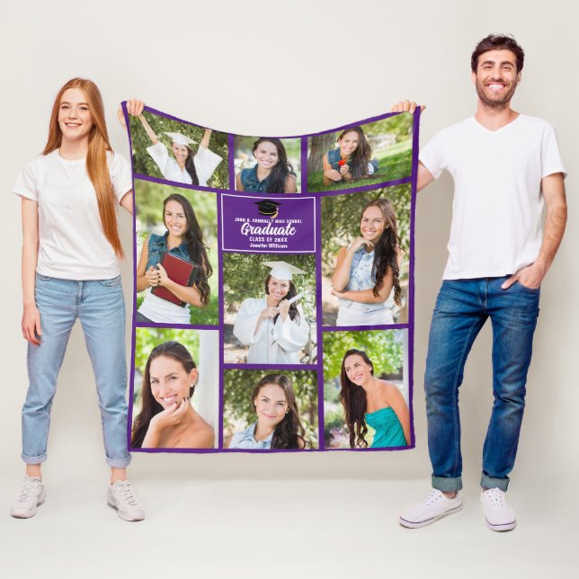 Purple Graduate Photo Collage Graduation Gift Fleece Blanket (In Situ)