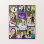 Purple Graduate Photo Collage Graduation Gift Jigsaw Puzzle<br><div class="desc">This modern purple senior graduate photo collage puzzle features your favourite 9 student photographs. This graduation design features classy white typography of your high school or college name for the class of 2025. Customise this keepsake gift with your graduating year below the black grad cap. It features 2 horizontal pictures,...</div>