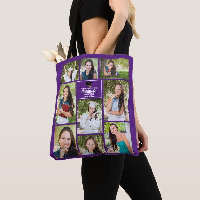 Purple Graduate Photo Collage Graduation Gift Tote Bag (Close Up)