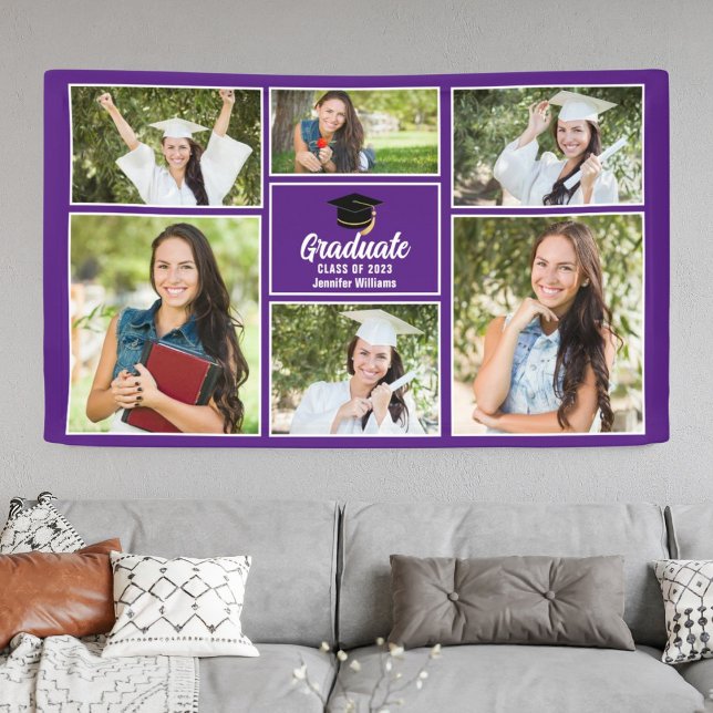 Purple Graduate Photo Collage Graduation Party Banner (Creator Uploaded)