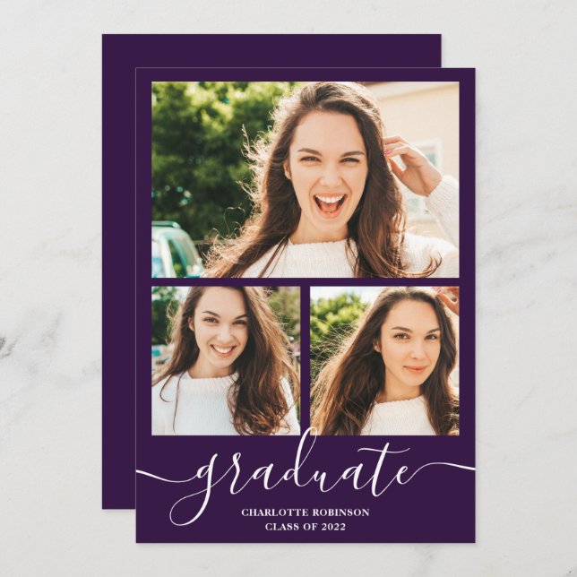 Purple graduate script 3 photos graduation invitation (Front/Back)