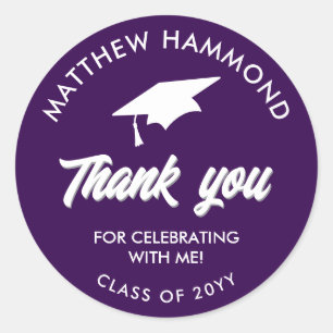 Purple Graduating Class Thank You Grad Cap Classic Round Sticker