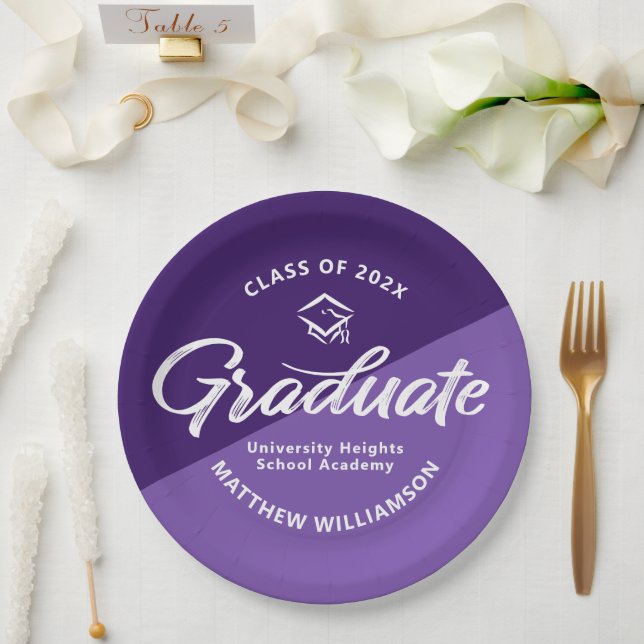 Purple Graduation Bold Retro Script Cap Icon Paper Plate (Wedding)